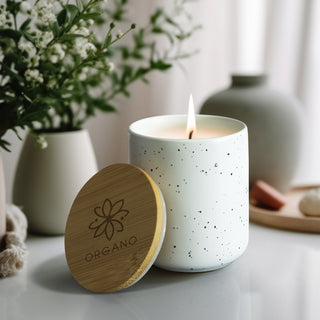 NATURA Candle with Bamboo Lid (White Speckle) — Feature
