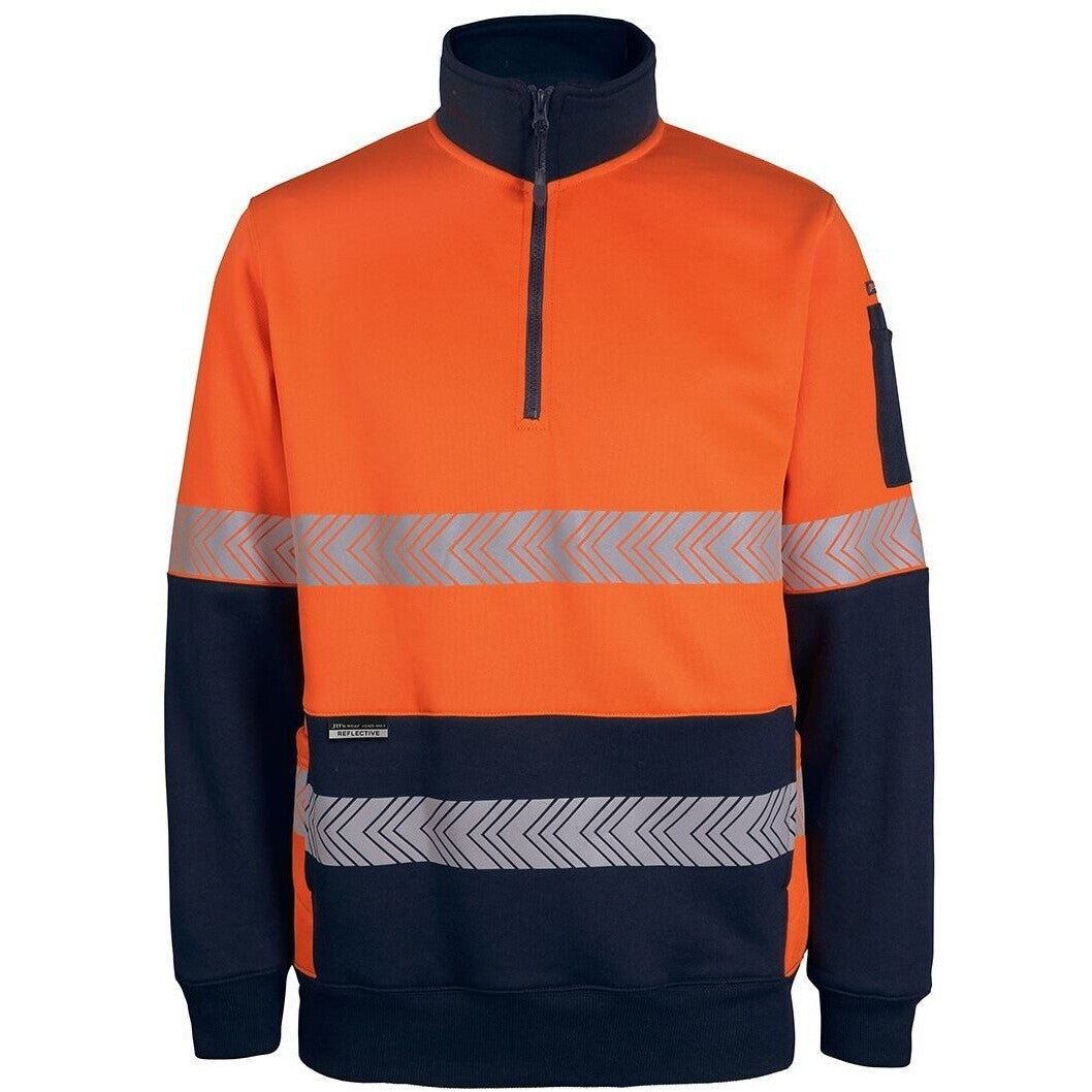 JB's Wear 6DPS Hi Vis 330g 1/2 Zip Segmented Tape Fleece - Front View | color:Orange/Navy|view:front