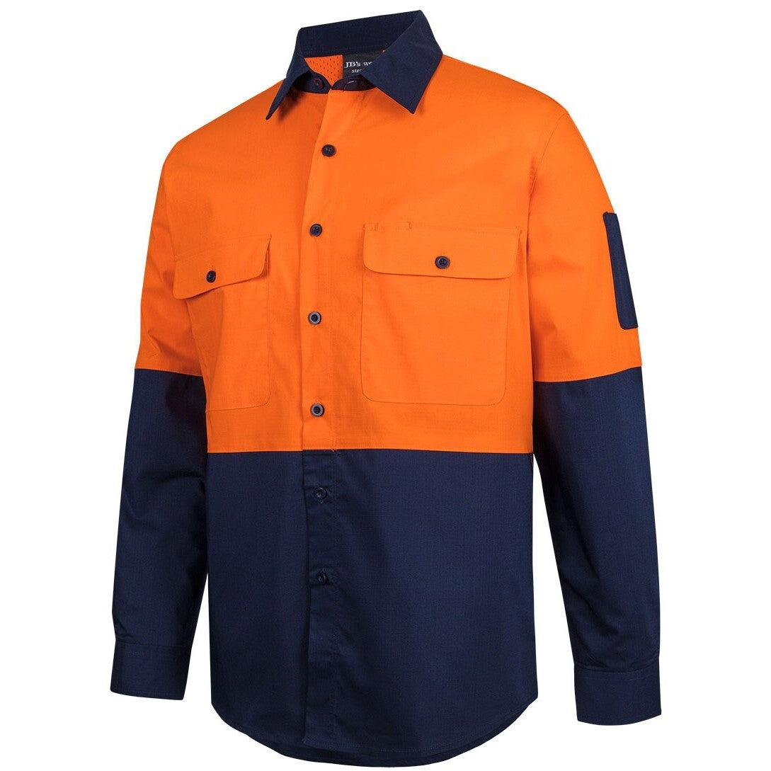 JB's Wear 6HRFL Hi VIs Class F Ripstop L/S Work Shirt - Side View | color:Orange/Navy|view:side