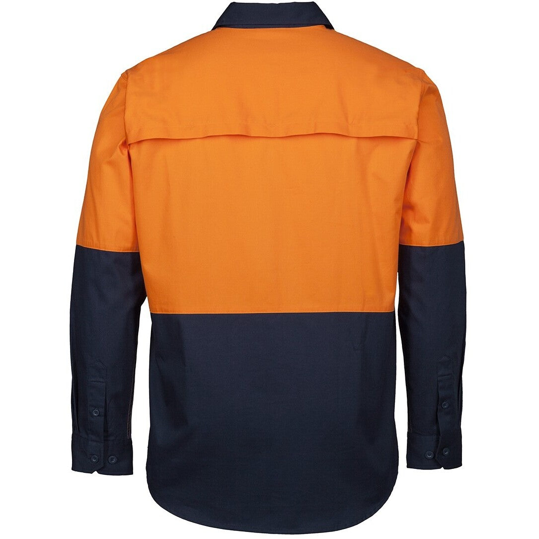 JB's Wear 6HVCS Hi Vis Close Front L/S 150g Work Shirt - Back View | color:Orange/Navy|view:back