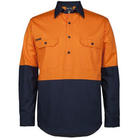 JB's Wear 6HVCS Hi Vis Close Front L/S 150g Work Shirt - Front View | color:Orange/Navy|view:front