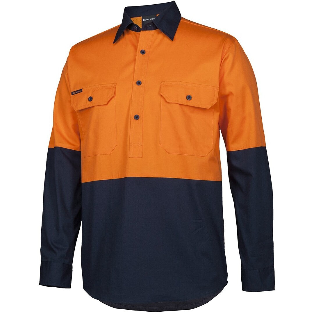 JB's Wear 6HVCS Hi Vis Close Front L/S 150g Work Shirt - Side View | color:Orange/Navy|view:side