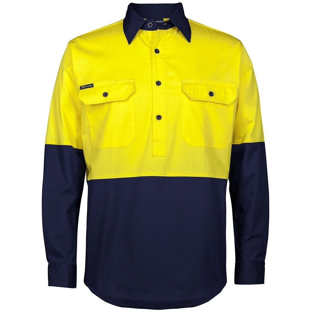 JB's Wear 6HVCS Hi Vis Close Front L/S 150g Work Shirt - Front View | color:Yellow/Navy|view:front