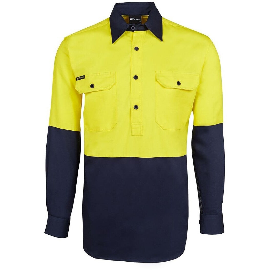 JB's Wear 6HVCF Hi Vis Close Front L/S 190g Work Shirt - Front View | color:Yellow/Navy|view:front