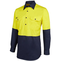 JB's Wear 6HVCF Hi Vis Close Front L/S 190g Work Shirt - Side View | color:Yellow/Navy|view:side