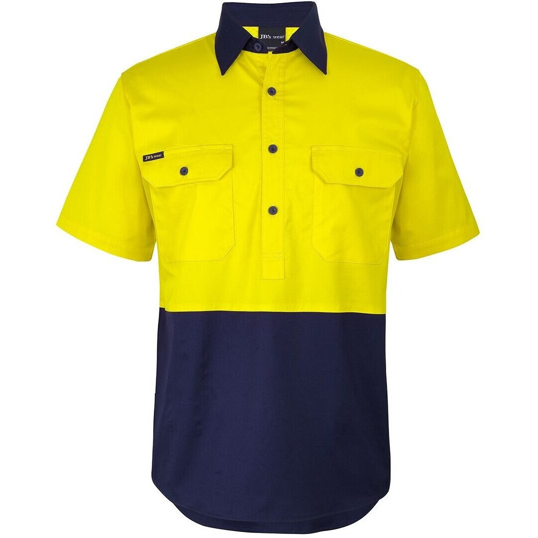 JB's Wear 6HVCW Hi Vis Close Front S/S 150g Work Shirt - Front View | color:Yellow/Navy|view:front