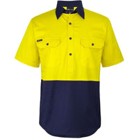 JB's Wear 6HVCW Hi Vis Close Front S/S 150g Work Shirt - Front View | color:Yellow/Navy|view:front