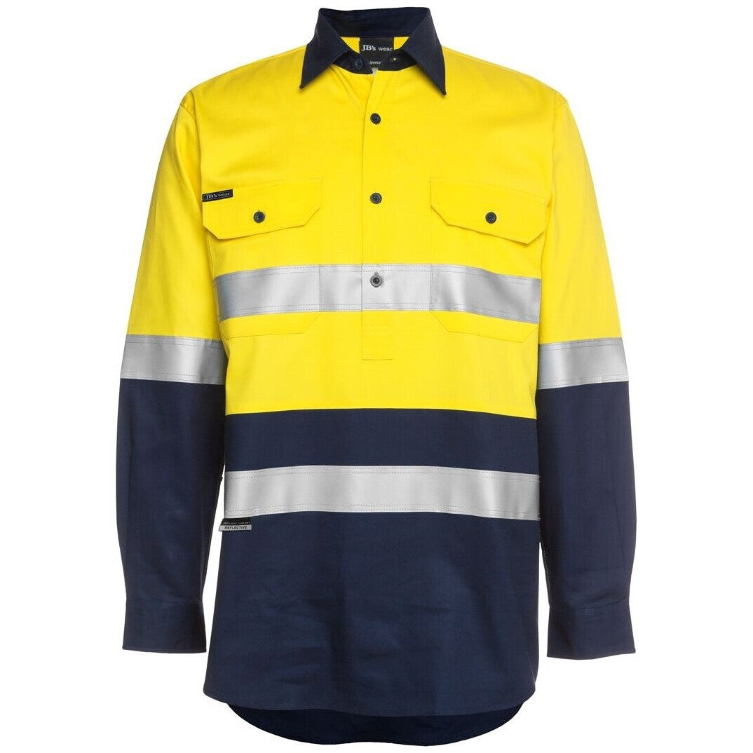 JB's Wear 6HWCF Hi Vis (D+N) Close Front L/S 190g Work Shirt - Front View | color:Yellow/Navy|view:front