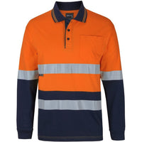 JB's Wear 6DCPL Hi Vis (D+N) L/S Cotton Polo - Front View | color:Orange/Navy|view:front