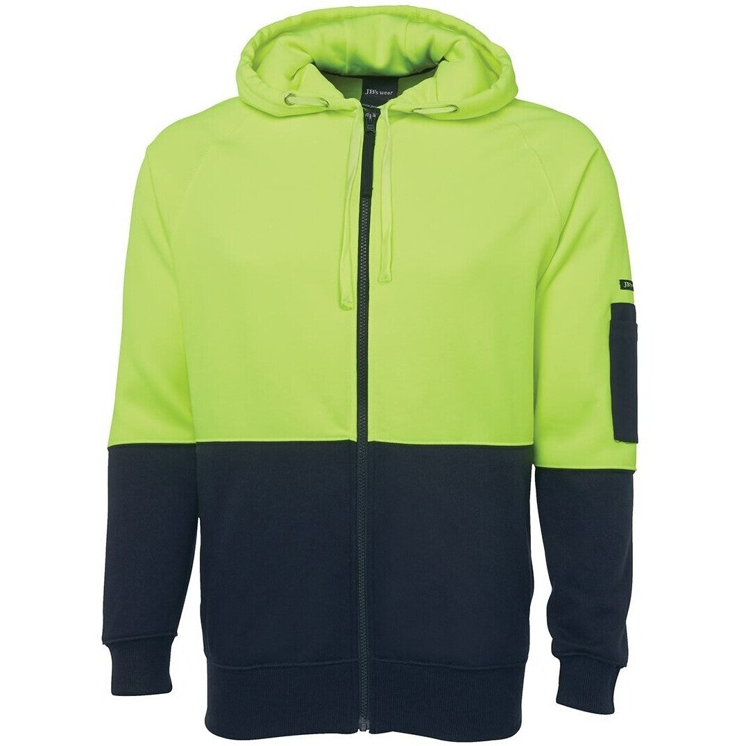 JB's Wear 6HVH Hi Vis Full Zip Fleecy Hoodie - Front View | color:Lime/Navy|view:front