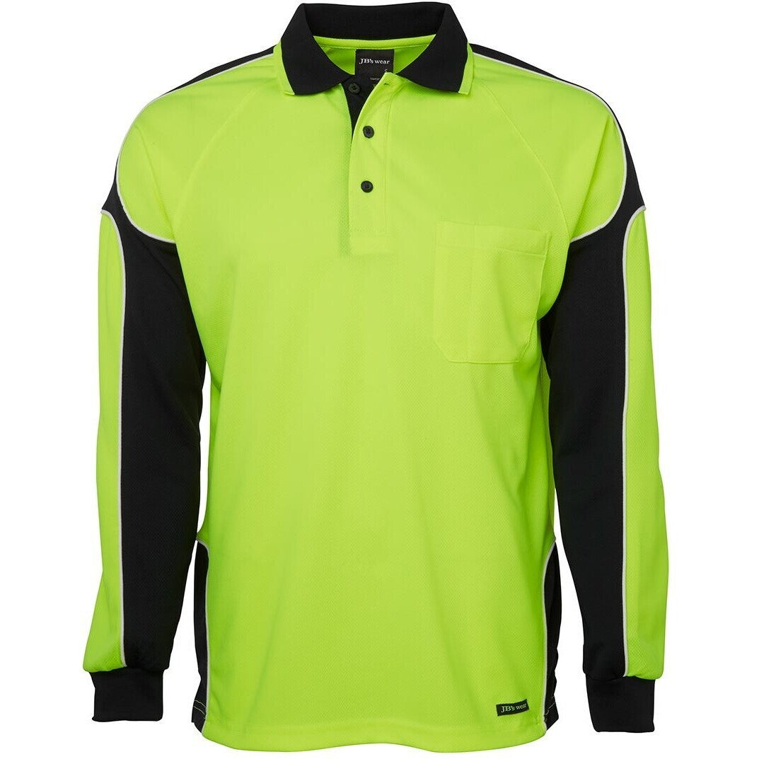 JB's Wear 6AP4L Hi Vis L/S Arm Panel Polo - Front View | color:Lime/Black|view:front