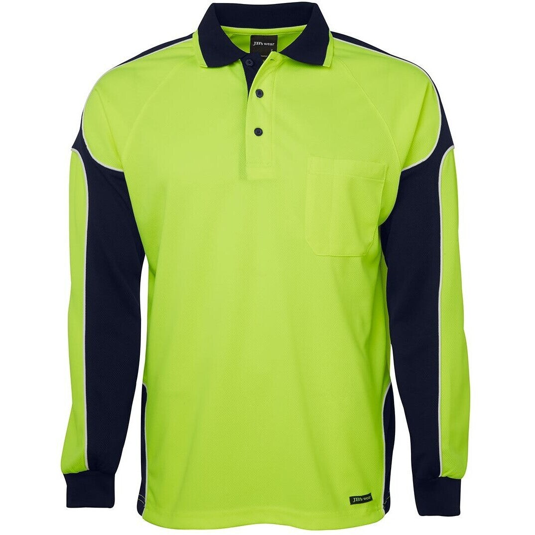 JB's Wear 6AP4L Hi Vis L/S Arm Panel Polo - Front View | color:Lime/Navy|view:front