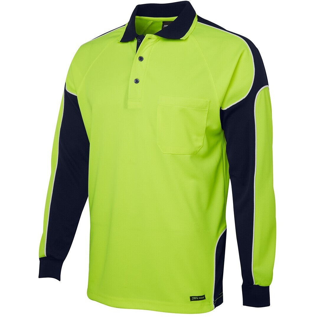 JB's Wear 6AP4L Hi Vis L/S Arm Panel Polo - Side View | color:Lime/Navy|view:side