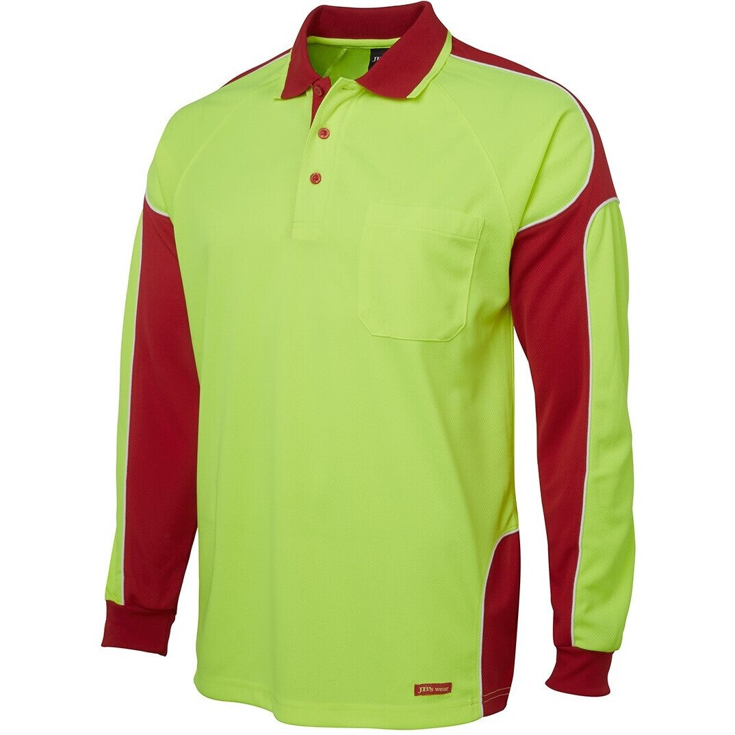 JB's Wear 6AP4L Hi Vis L/S Arm Panel Polo - Side View | color:Lime/Red|view:side