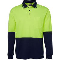 JB's Wear 6HPL Hi Vis L/S Cotton Back Polo - Front View | color:Lime/Navy|view:front
