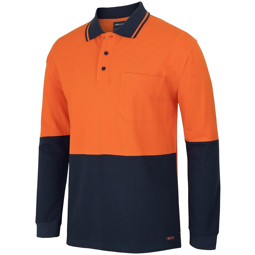 JB's Wear 6HVQL Hi Vis L/S Cotton Pique Trad Polo - Side View | color:Orange/Navy|view:side