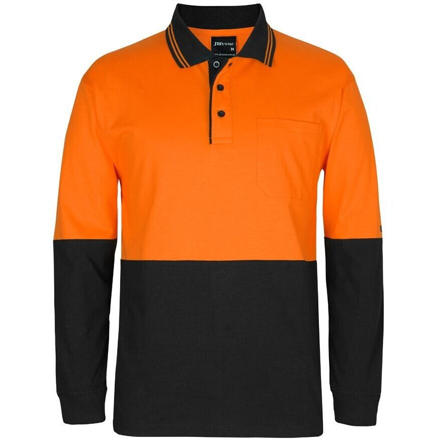 JB's Wear 6CPHL Hi Vis L/S Cotton Polo - Front View | color:Orange/Black|view:front