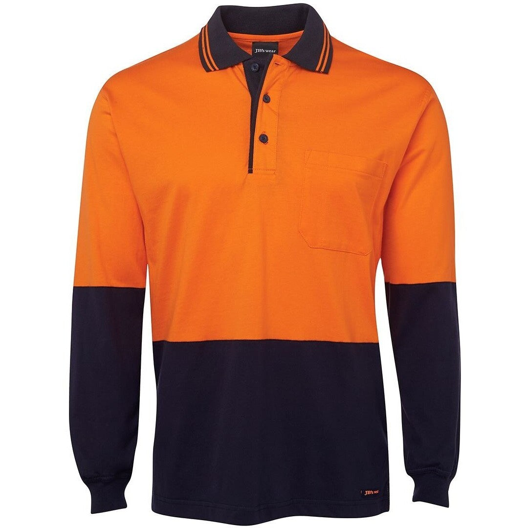 JB's Wear 6CPHL Hi Vis L/S Cotton Polo - Front View | color:Orange/Navy|view:front