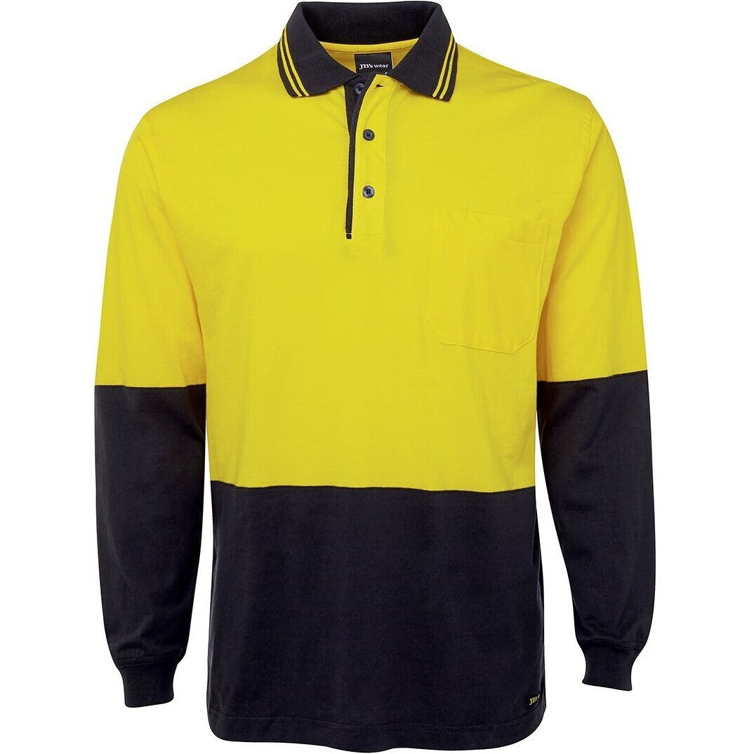 JB's Wear 6CPHL Hi Vis L/S Cotton Polo - Front View | color:Yellow/Navy|view:front