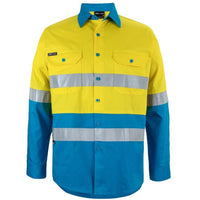 JB's Wear 6DNWL Hi Vis L/S (D+N) 150G Work Shirt - Front View | color:Yellow/Aqua|view:front