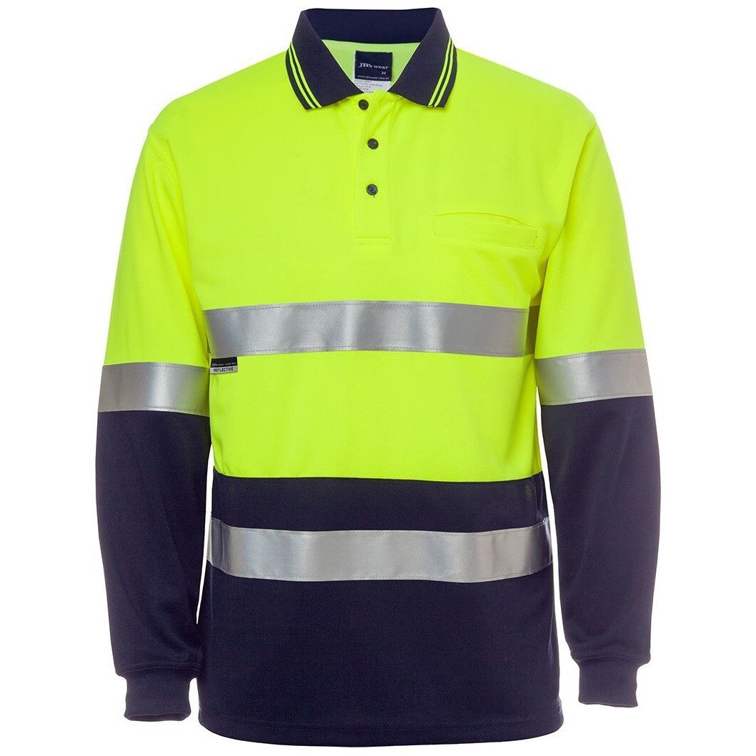 JB's Wear 6HMCB Hi Vis L/S (D+N) Cotton Back Polo - Front View | color:Lime/Navy|view:front
