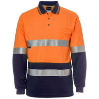 JB's Wear 6HMCB Hi Vis L/S (D+N) Cotton Back Polo - Front View | color:Orange/Navy|view:front