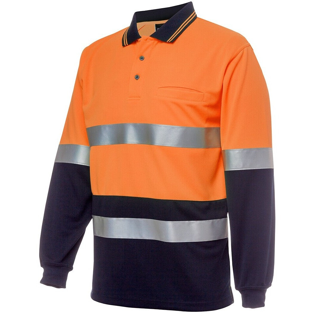 JB's Wear 6HMCB Hi Vis L/S (D+N) Cotton Back Polo - Side View | color:Orange/Navy|view:side