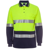 JB's Wear 6HVSL Hi Vis L/S (D+N) Traditional Polo - Front View | color:Lime/Navy|view:front