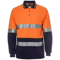 JB's Wear 6HVSL Hi Vis L/S (D+N) Traditional Polo - Front View | color:Orange/Navy|view:front