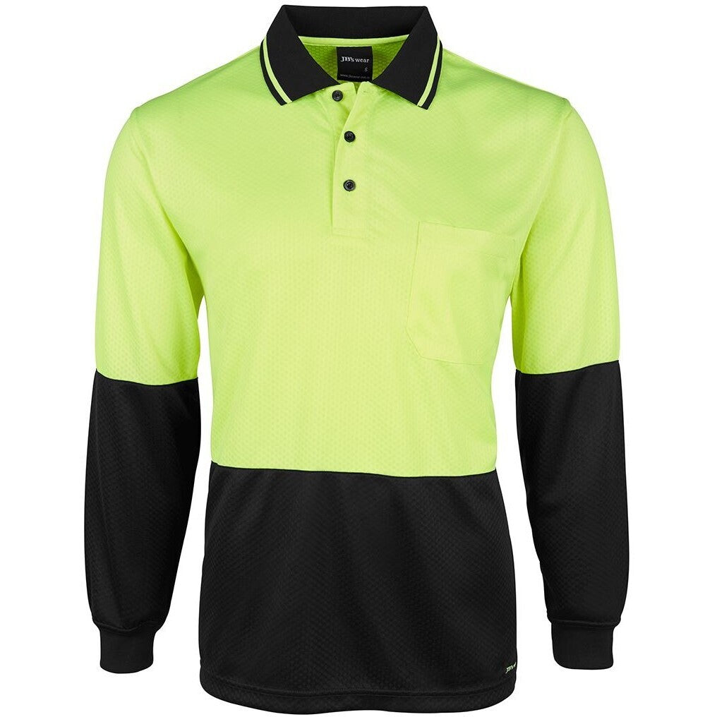 JB's Wear 6HJNL Hi Vis L/S Jacquard Polo - Front View | color:Lime/Black|view:front