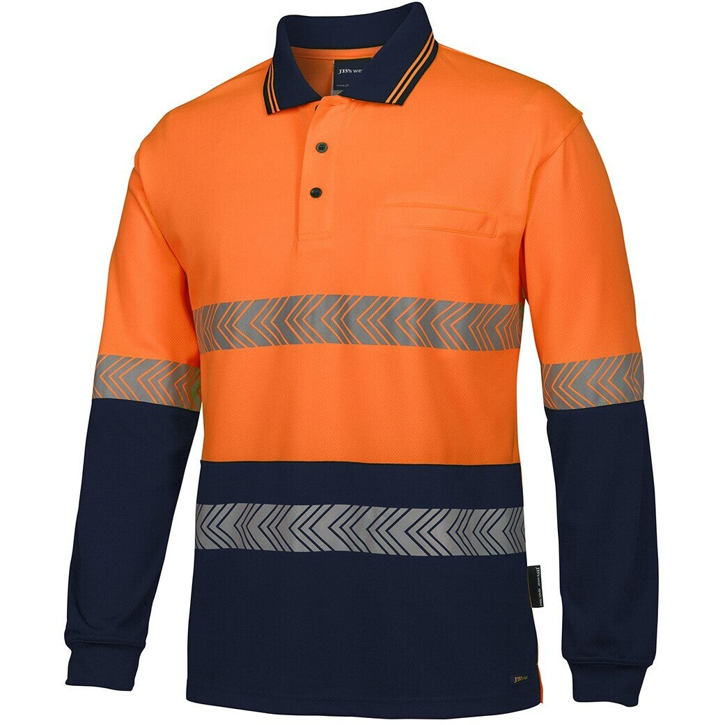 JB's Wear 6HLST Hi Vis L/S Segmented Tape Polo - Side View | color:Orange/Navy|view:side