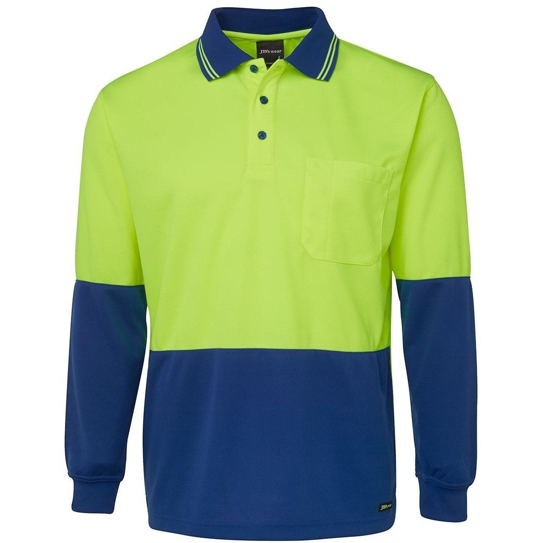 JB's Wear 6HVPL Hi Vis L/S Traditional Polo - Front View | color:Lime/Royal|view:front
