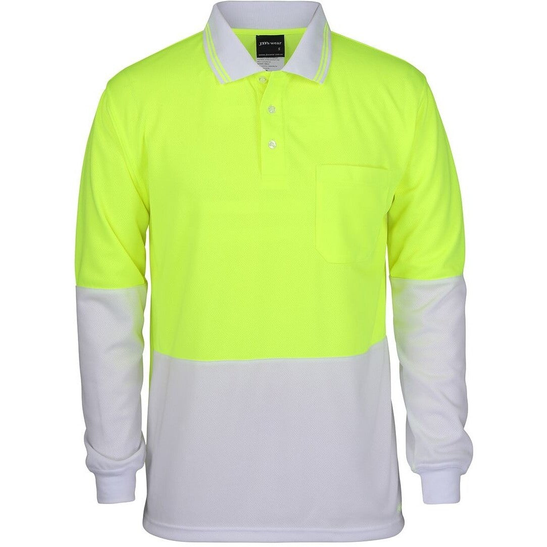 JB's Wear 6HVPL Hi Vis L/S Traditional Polo - Front View | color:Lime/White|view:front