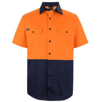 JB's Wear 6HWSS Hi Vis S/S 150G Work Shirt - Front View | color:Orange/Navy|view:front