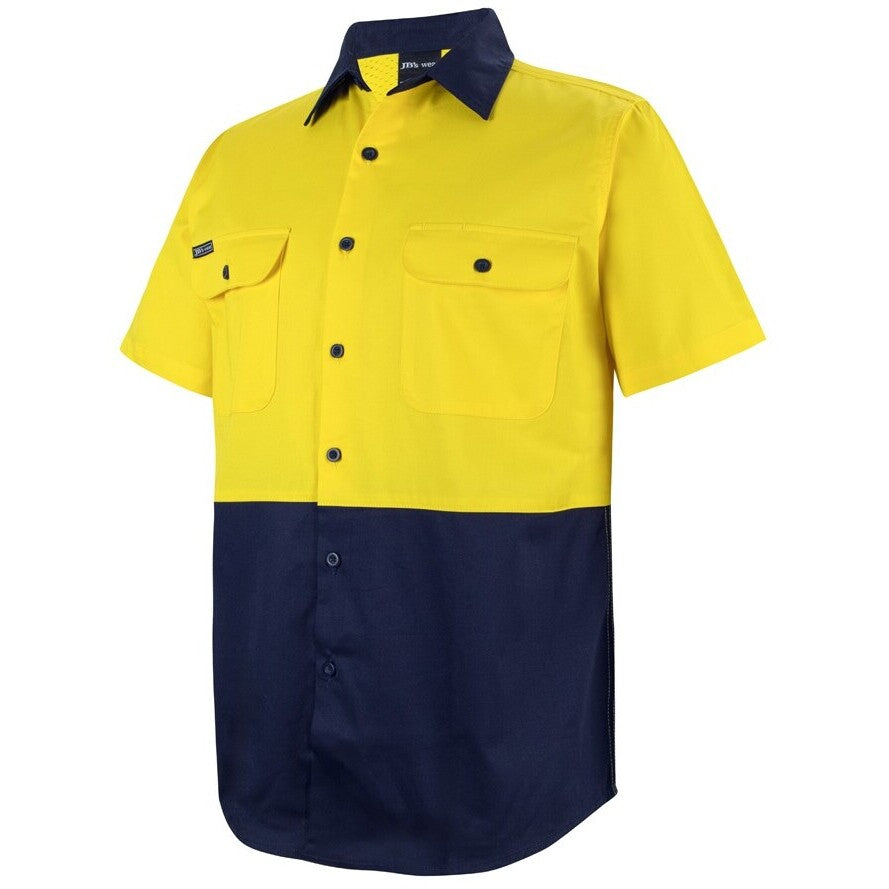 JB's Wear 6HWSS Hi Vis S/S 150G Work Shirt - Side View | color:Yellow/Navy|view:side