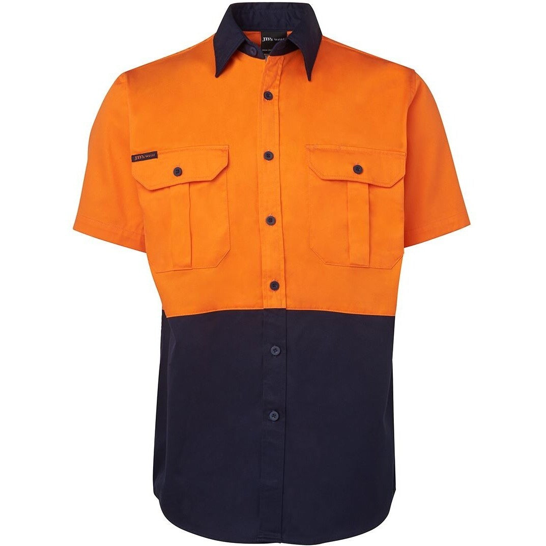JB's Wear 6HWS Hi Vis S/S 190G Work Shirt - Front View | color:Orange/Navy|view:front