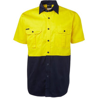 JB's Wear 6HWS Hi Vis S/S 190G Work Shirt - Front View | color:Yellow/Navy|view:front