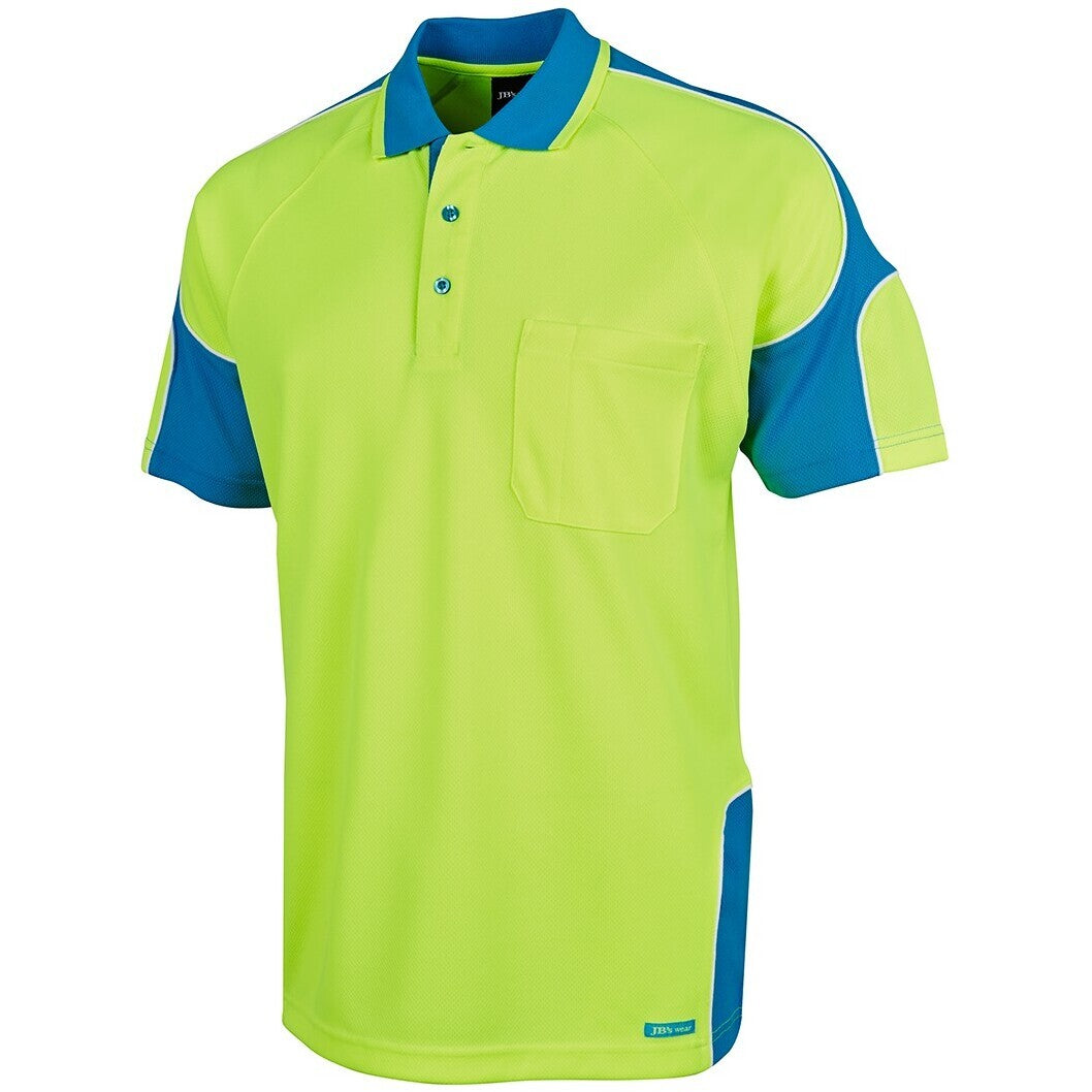 JB's Wear 6AP4S Hi Vis S/S Arm Panel Polo - Side View | color:Lime/Aqua|view:side