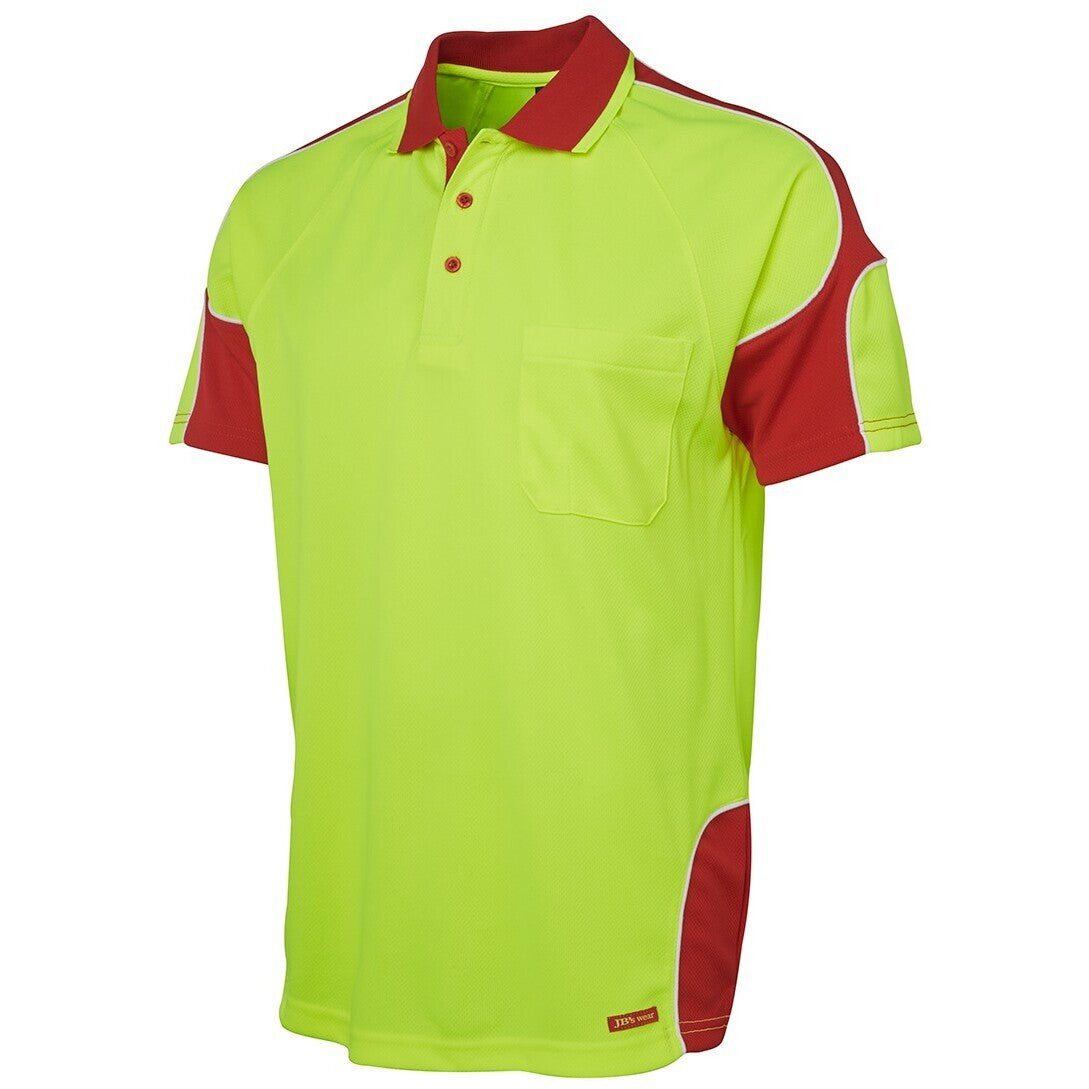 JB's Wear 6AP4S Hi Vis S/S Arm Panel Polo - Side View | color:Lime/Red|view:side