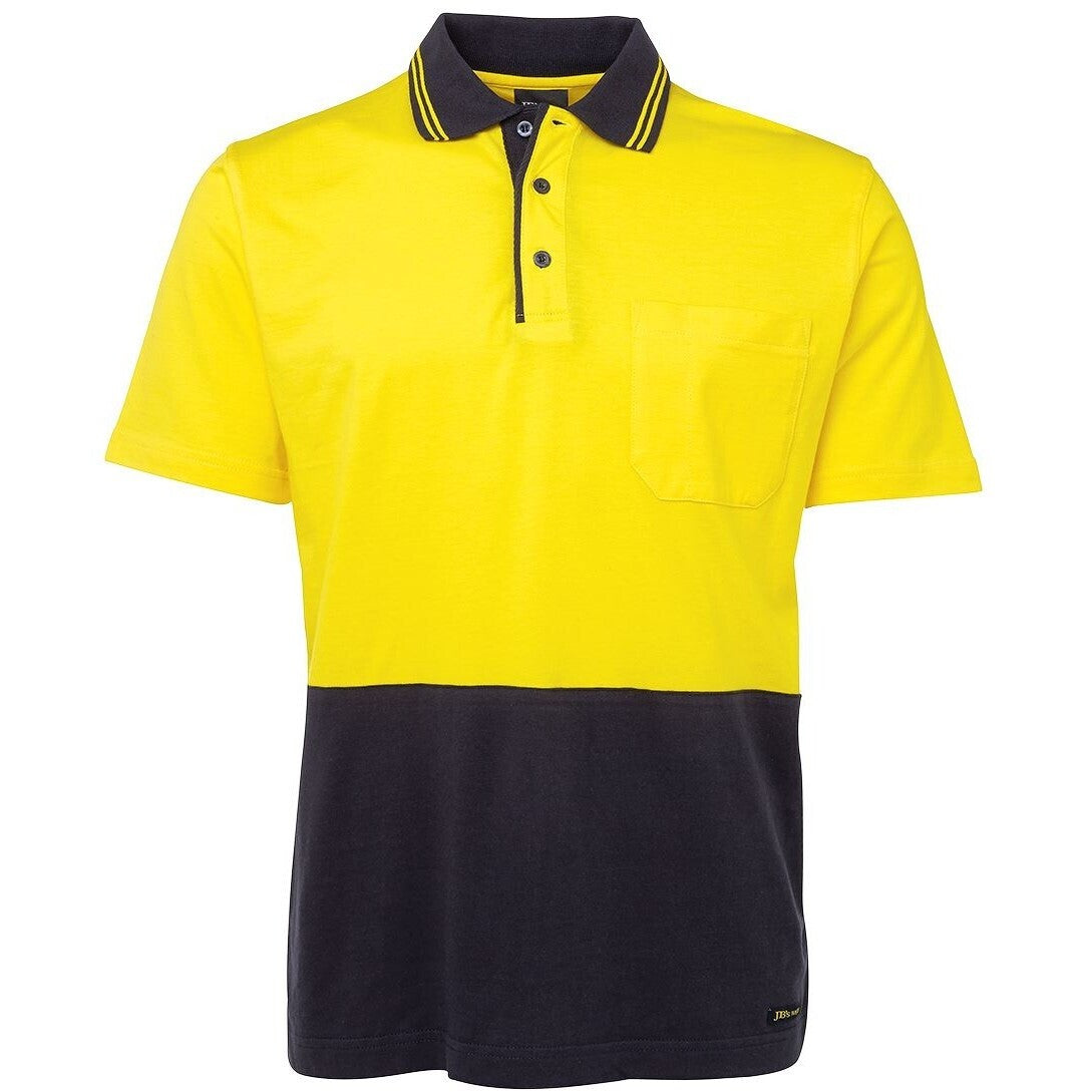 JB's Wear 6CPHV Hi Vis S/S Cotton Polo - Front View | color:Yellow/Navy|view:front