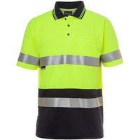 JB's Wear 6HVST Hi Vis S/S (D+N) Traditional Polo - Front View | color:Lime/Navy|view:front