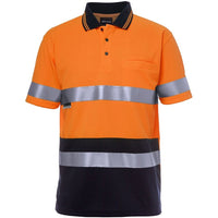 JB's Wear 6HVST Hi Vis S/S (D+N) Traditional Polo - Front View | color:Orange/Navy|view:front