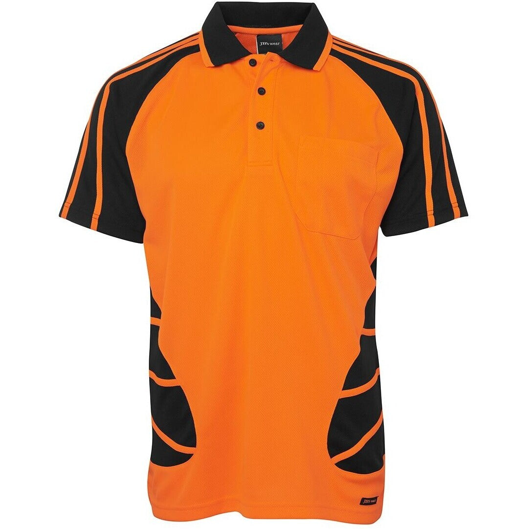 JB's Wear 6HSP Hi Vis S/S Spider Polo - Front View | color:Orange/Black|view:front