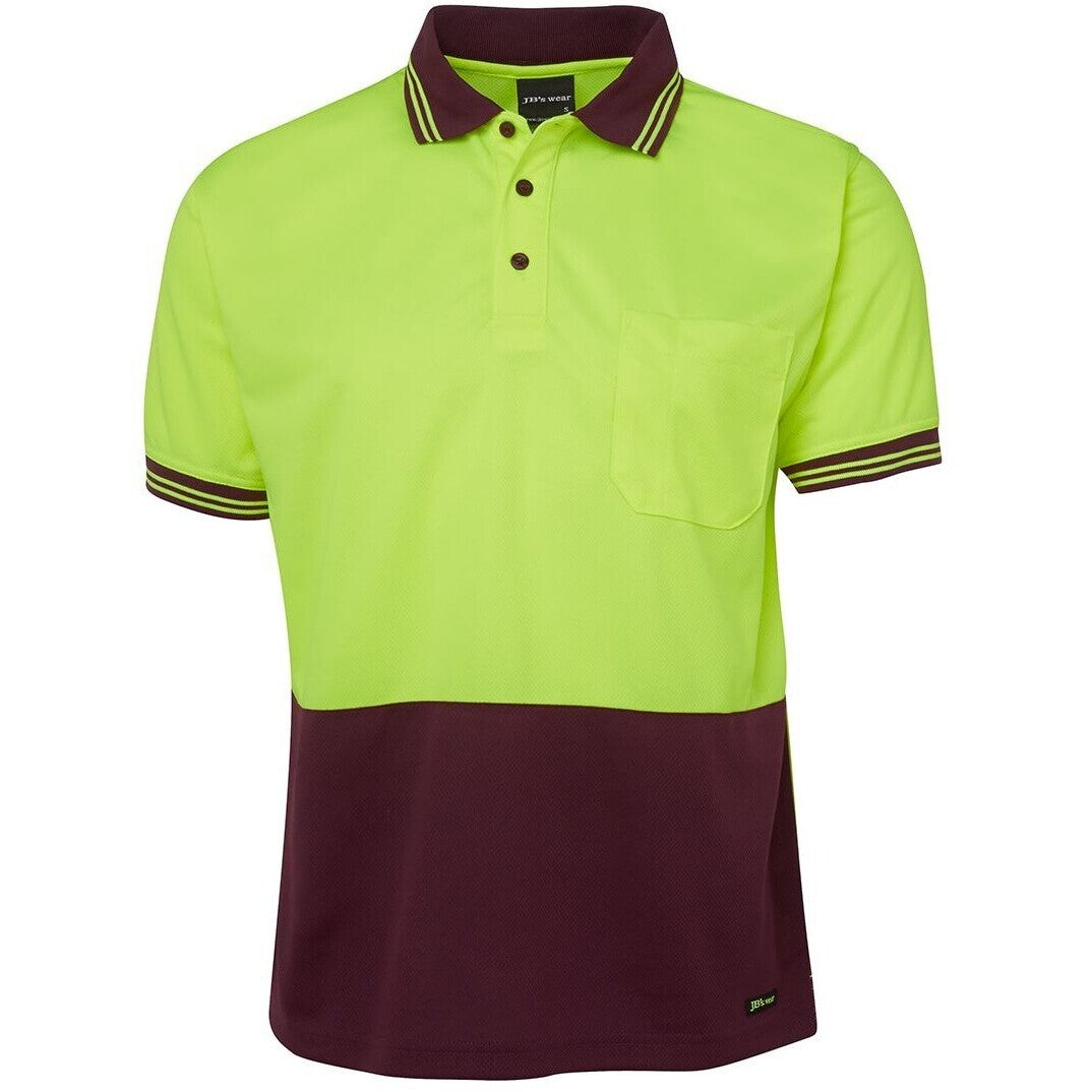 JB's Wear 6HVPS Hi Vis S/S Traditional Polo - Front View | color:Lime/Maroon|view:front