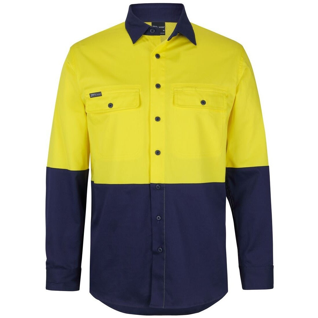 JB's Wear 6HSWL JB'S Hi Vis L/S Stretch Work Shirt - Front View | color:Yellow/Navy|view:front