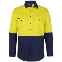 JB's Wear 6HSWL JB'S Hi Vis L/S Stretch Work Shirt - Front View | color:Yellow/Navy|view:front