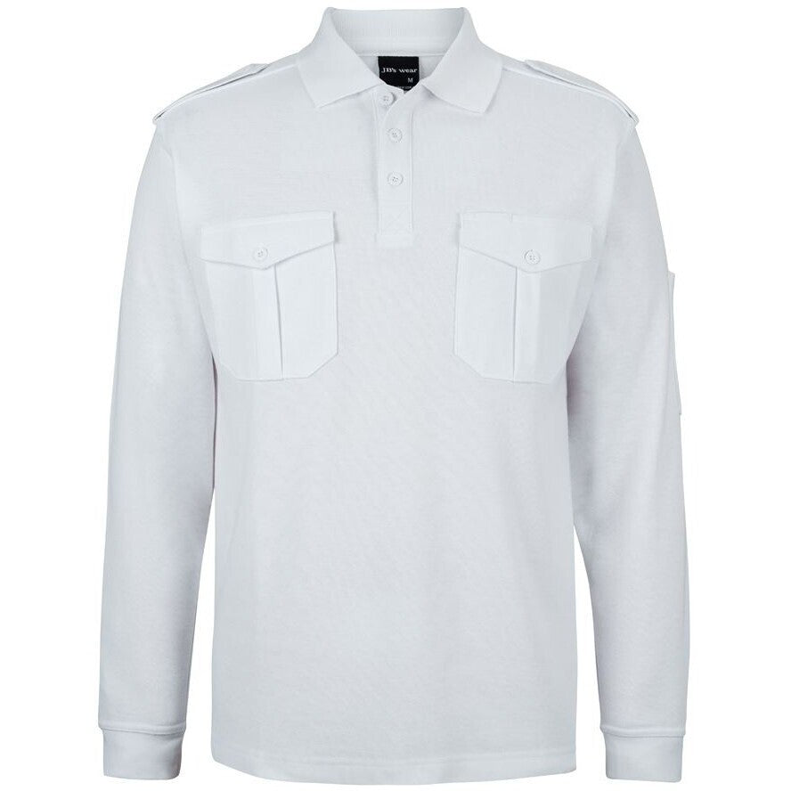 JB's Wear 210EL L/S 250 Epaulette Polo - Front View | color:White|view:front