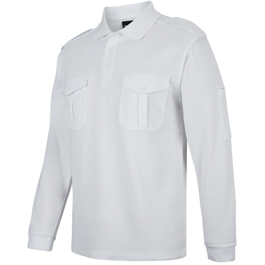JB's Wear 210EL L/S 250 Epaulette Polo - Side View | color:White|view:side