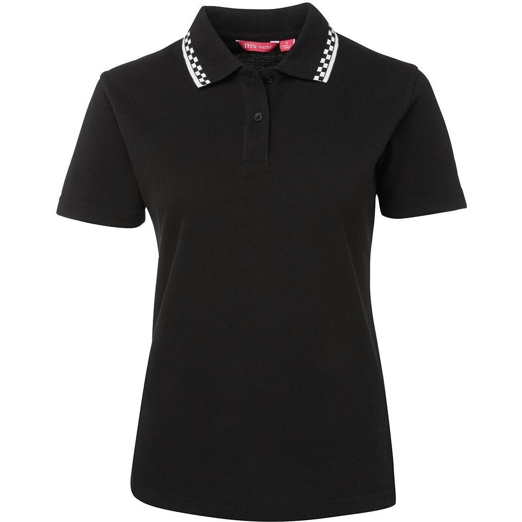 JB's Wear 5LP Ladies Chef Polo - Front View | color:Black/White|view:front