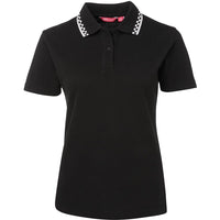 JB's Wear 5LP Ladies Chef Polo - Front View | color:Black/White|view:front